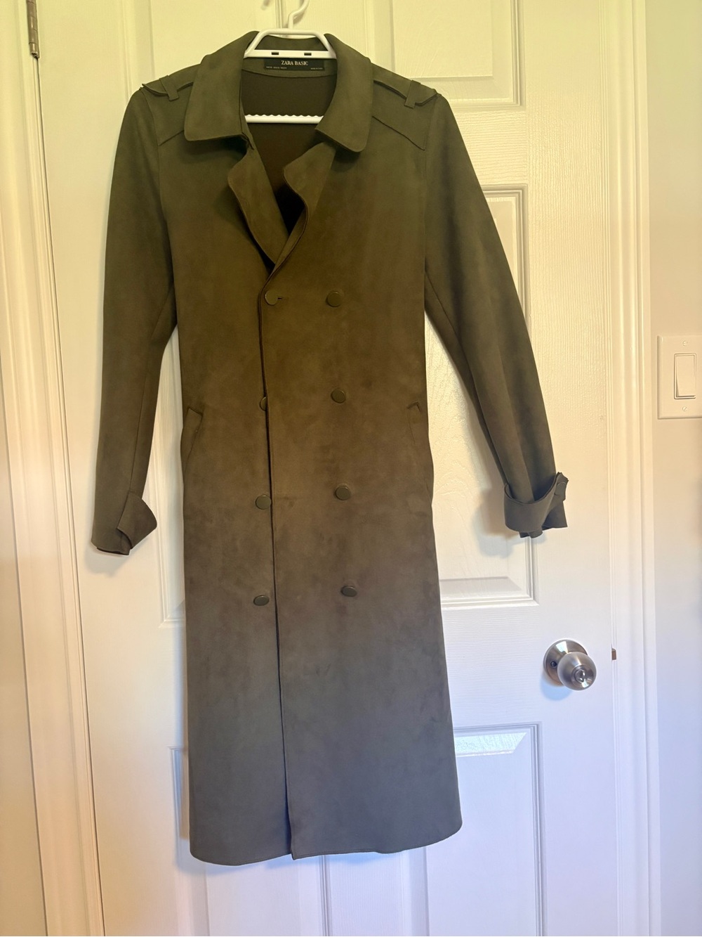 Zara Olive Suede Double-Breasted Trench Coat